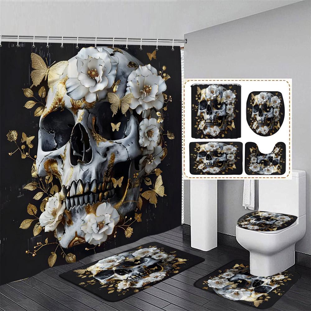 Floral Skull Shower Curtain Set Butterfly Moth Pink Mushroom Flower Skeleton Halloween Home Bathroom Decor Bath Mat Toilet Cover