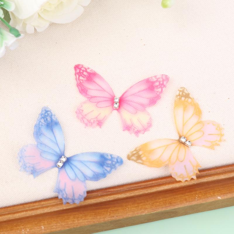 50Pcs 3D Organza Fabric Butterfly Appliques Gradient Color Double-Layer Simulation Mesh Butterfly Patch Translucent