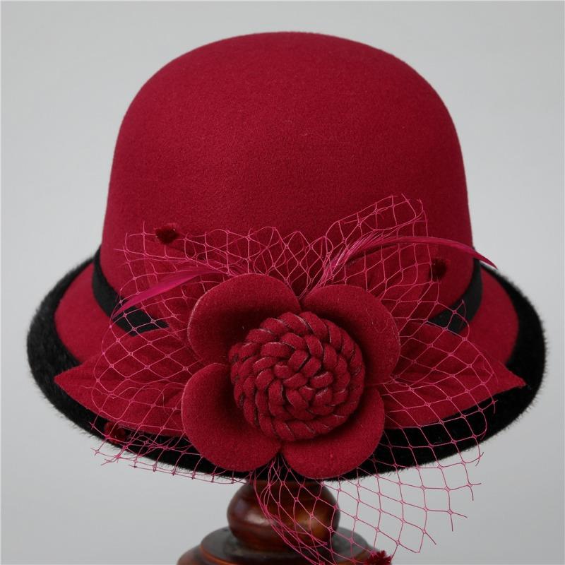 Hut Damen Herbst und Winter warmer Wollhut Temperament Domhut elegant retro Netzblume Modehut