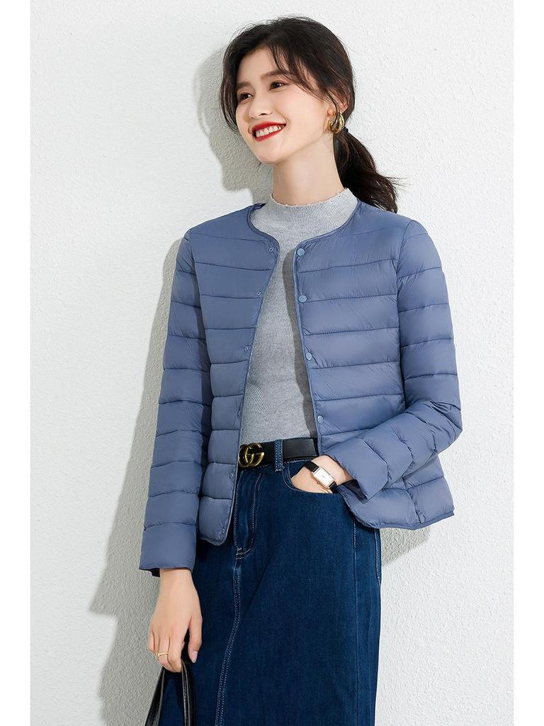 Women's Slim Fit Lightweight Crew Neck Down Jacket - Korean Style Warm Cotton-Padded Coat