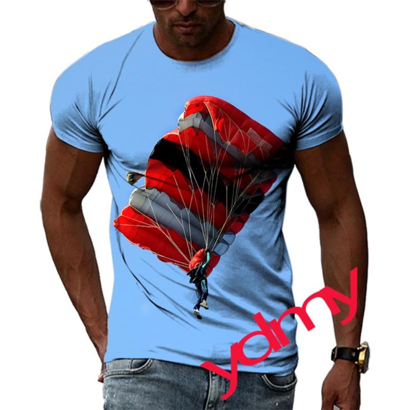 Tide Fashion Summe Parachute Picture Men's T-shirt Casual Print Tees Hip Hop Personality Round Neck Short Sleev Tops