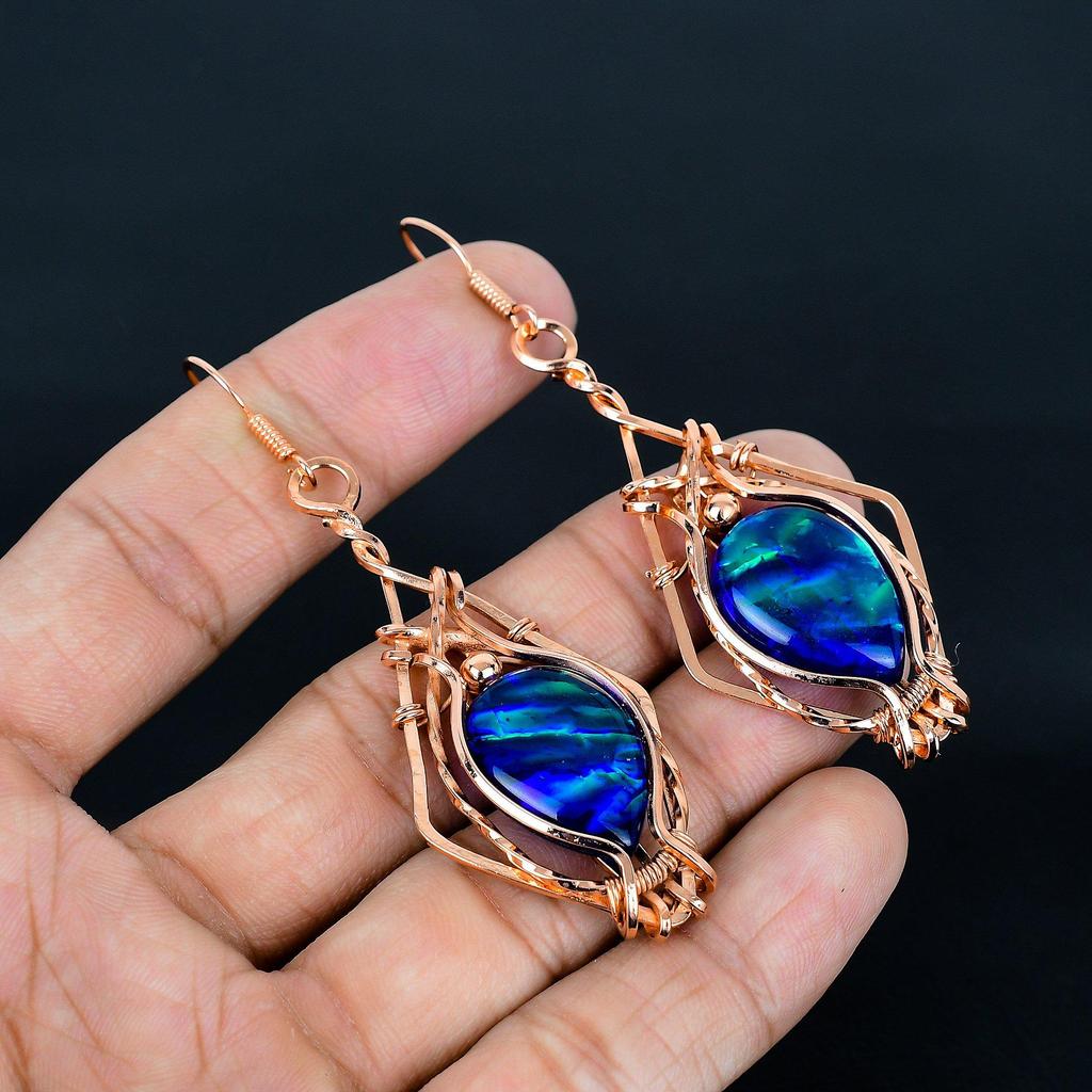 Australian Triplet Opal Earrings, 999 Copper Wire Wrapped Earrings, Handmade Gemstone Jewelry Earrings For Memorial Day
