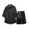 Mens 2 Piece Outfits Striped Short Sleeves Button Down Collared Shirt Matching Shorts Sets