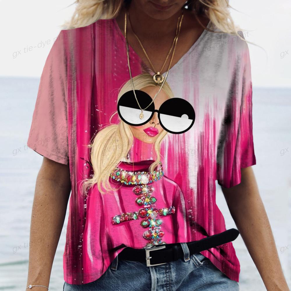 

2024 Новая женская футболка с 3D-принтом, женская футболка с V-образным вырезом и короткими рукавами, повседневная уличная универсальная одежда, женская футболка 5XL