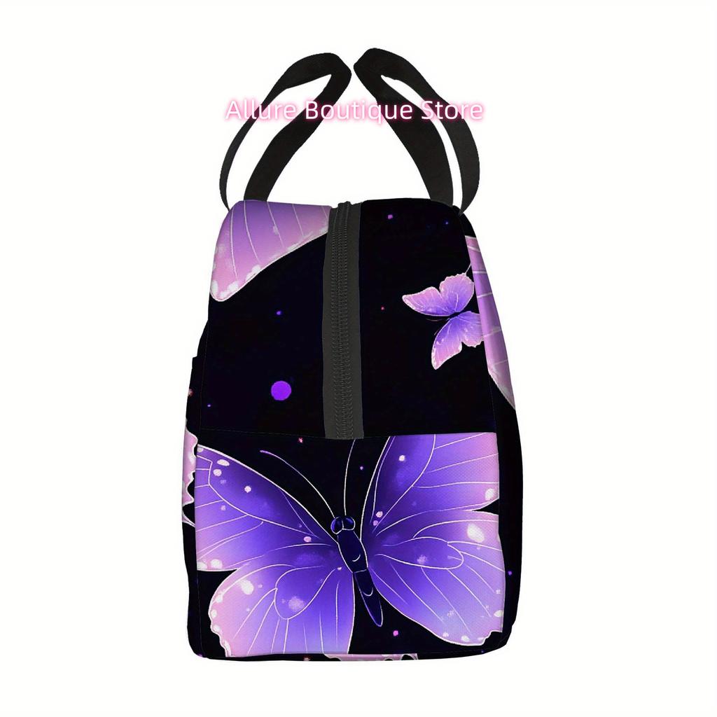 1pc, Purple Butterfly on Dark Background Printed Thermal Bag, Insulation Bag, Insulated Bag, No Food Contact, Suitable for Home,