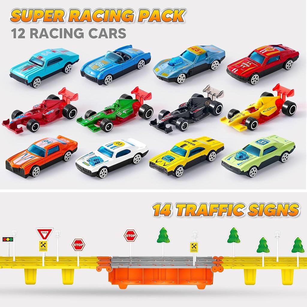 JOYFY Toy Truck Playset Race Toy Cars 60" Extra Long Race Track and 12 Die-Cast Metal Cars for Boy Girls 3-9 Years Birthday Gift