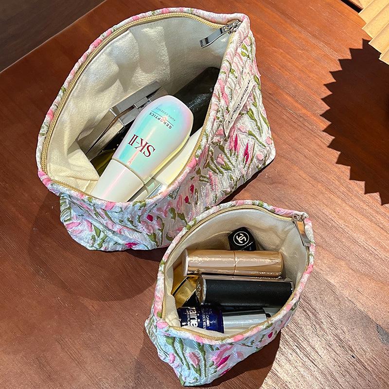 Kosmetiktasche mit großem Fassungsvermögen und rosa Tulpenmuster zur Aufbewahrung von Hautpflegeprodukten und Make-up