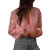 Pink Long Sleeve Shirt with Floral Embroidery and Ruffled Collar