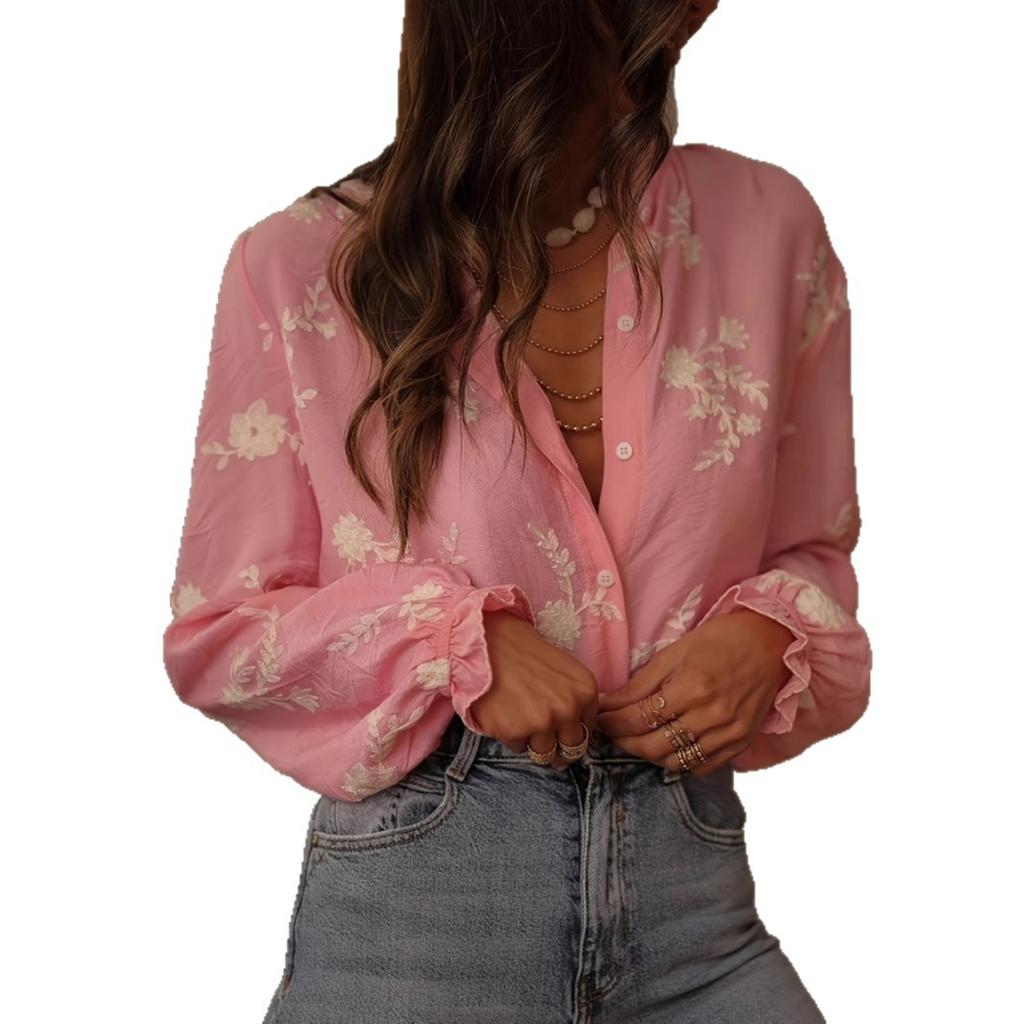 Pink Long Sleeve Shirt with Floral Embroidery and Ruffled Collar