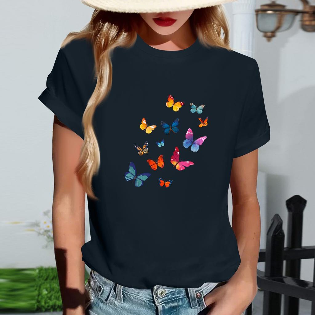 Women's Fashionable Round Neck Casual Retro Print Short Sleeved T-shirt Top