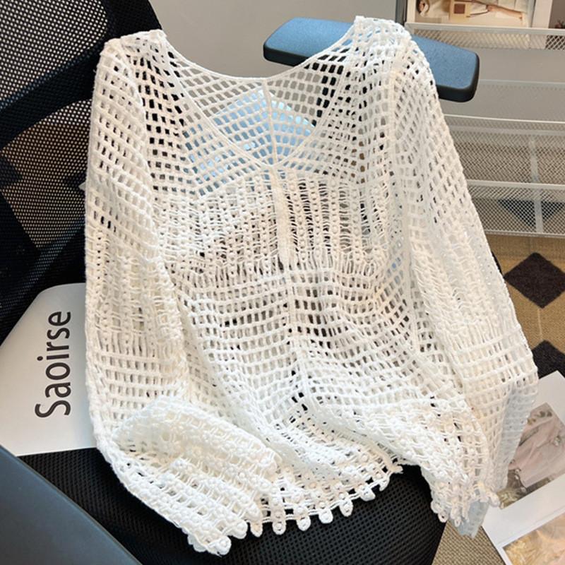 

Korean Style Hollow Out Knit Top For Women New Loose Fit Long Sleeve Pullover Casual Versatile Sheer Mesh Blouse With Unique Design Sense free size білий