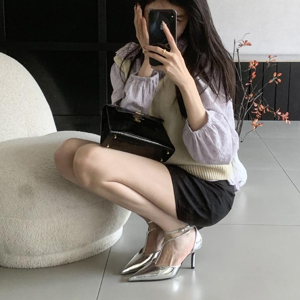 Spring New French Elegant Sandals Pointed Toe Stiletto Heel European And American Fashion Closed Toe T Strap Women'S Shoes