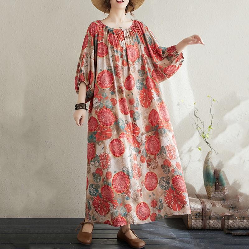 Short Sleeve Plus Size Cotton Vintage Floral New In Dresses for Women Casual Loose Long Summer Dress