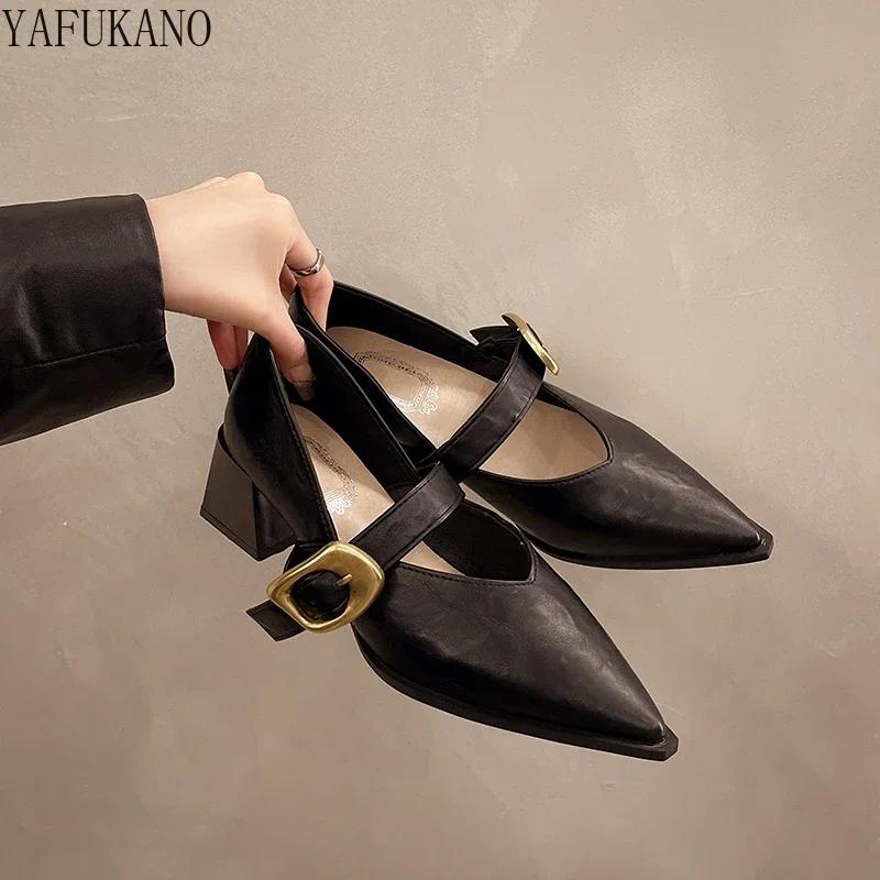 

Туфли на высоком каблуке из мягкой кожи в стиле ретро с пряжкой на ремешке, толстый каблук, 2024 г., новые модные женские туфли с острым носком и неглубоким вырезом 41 чёрный