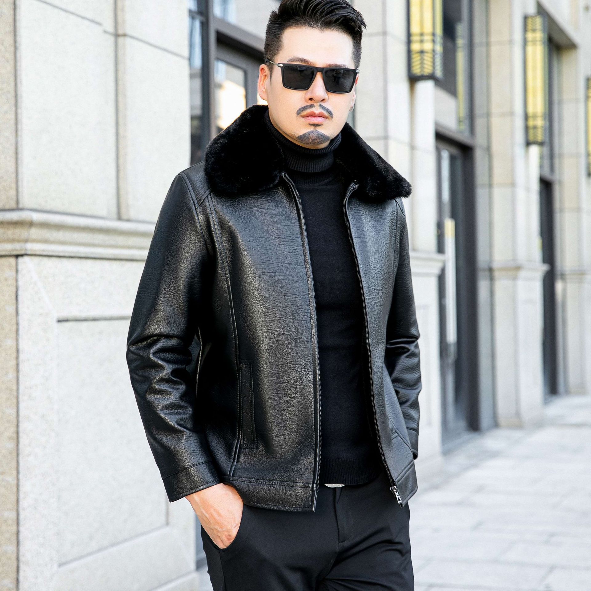 

New Winter Casual Lapel Leather Jacket Middle-aged and Elderly Dad Leather Jacket Men s Velvet Thickened Leather Jacket Jacket for Men M