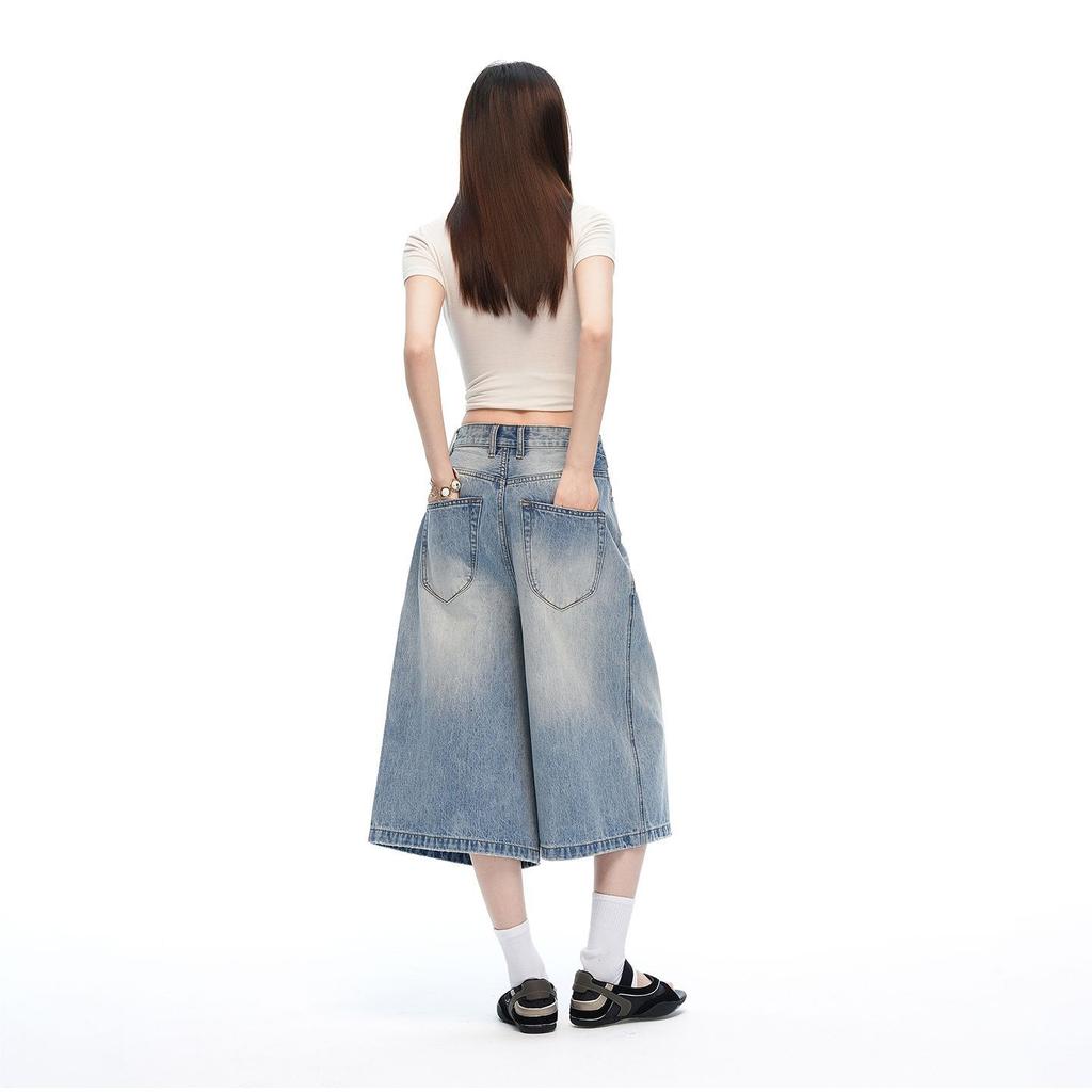 Trendy Summer Slub Textured Heavy Washed High Waist Loose Straight Denim Cropped Capri Pants Versatile Slimming FigureFlattering Casual Trousers