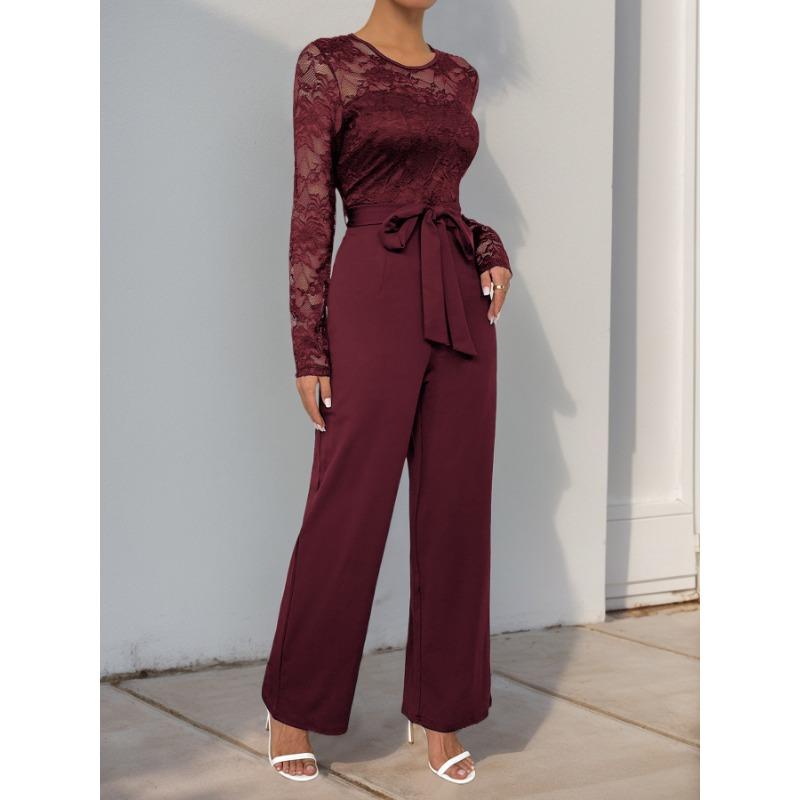 VEZFAA Women's Fashion Casual Spring Fall Solid Color Print Long Sleeve O-Neck High Waist Trousers Jumpsuits & Rompers