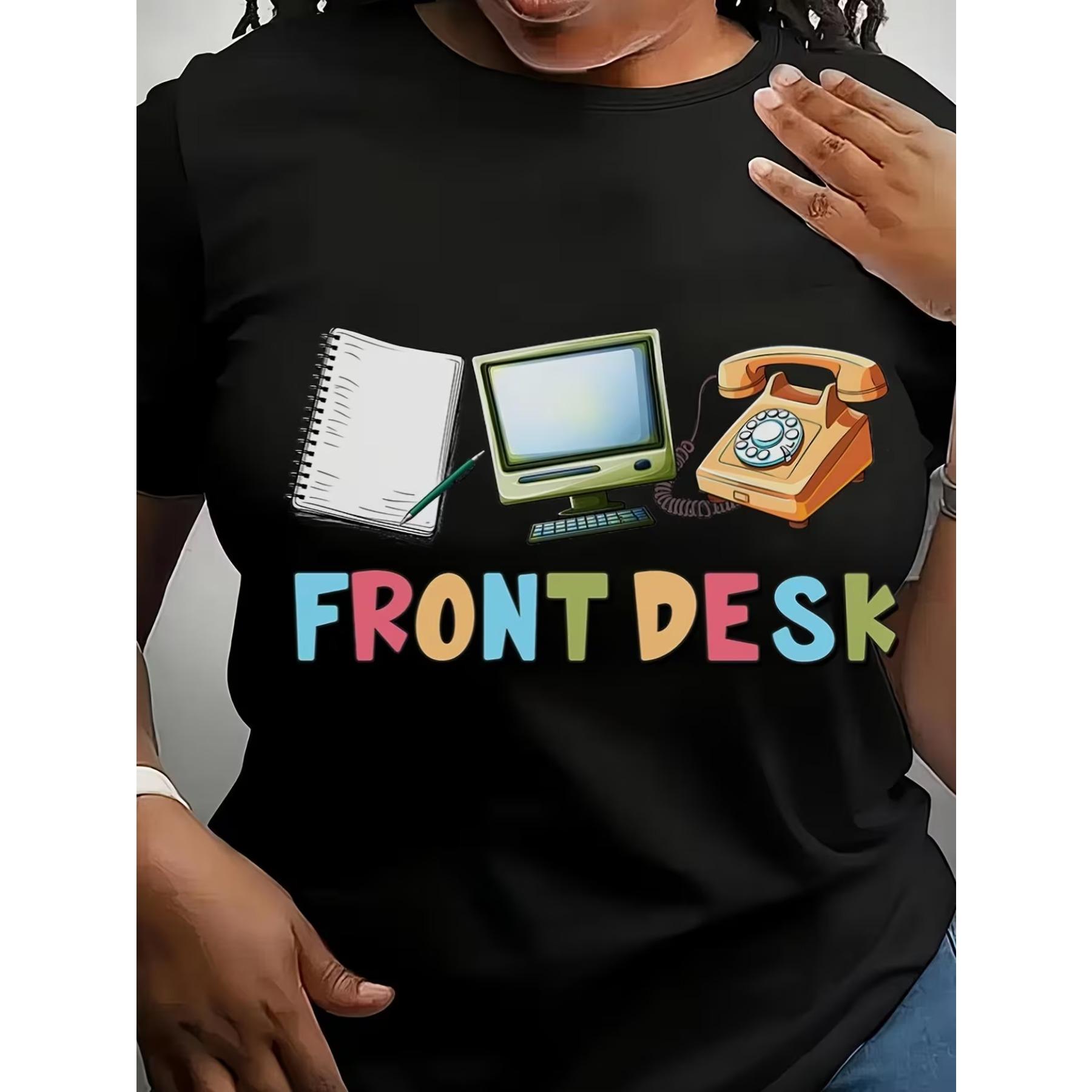 

Women s Vintage Computer & Telephone Office T-Shirt - Soft Casual Work Attire Short Sleeve Round Neck Blouse with Front Desk Print for Teachers XXL