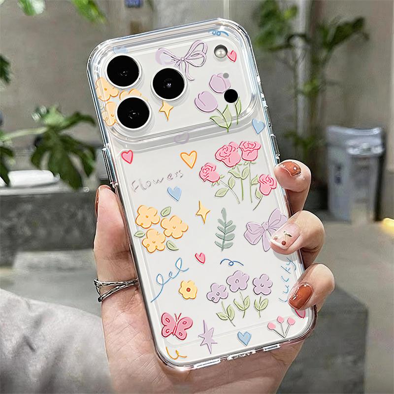 Silicone Clear Phone Case For iPhone 17 16 Pro 15 14 13 12 Pro Max 11 Transparent Shockproof Soft Beautiful Flower Printed Cover