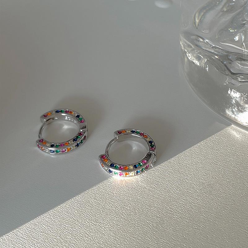 Rainbow Zirconia Circle Earrings - French Retro Style with Lively Temperament and Ins Trendy Needle Back Design for Women