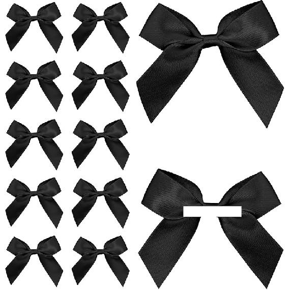 Satin Ribbon Black Bow Decor 2." Self Adhesive Premade Bows for Gift Wrapping Black Mini Bow for Treat Bags Party Favors Wedding Decorations - 50