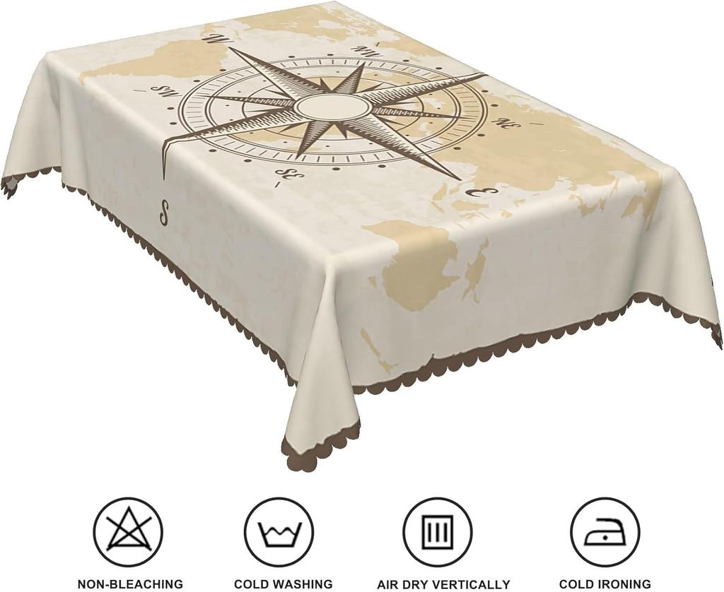 Retro Compass Old World Map Nautical Tablecloth Table Decor Washable Wrinkle Kitchen Dining Tablecloth Holiday Party Decor