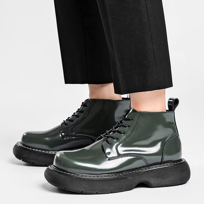 Men's British Style Black Leather Boots - Height Increasing Design, Durable & Stylish for Autumn, Winter & Casual Outfits