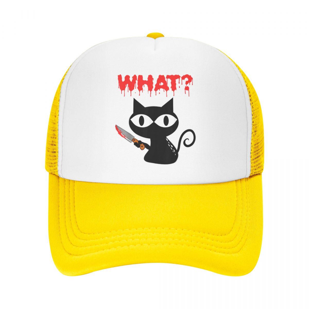

Бейсболка Black Cat What, регулируемая бейсболка с убийственным котом и ножом, шляпа дальнобойщика на Хэллоуин, уличные кепки Snapback, летние шапки Trucker Hat
