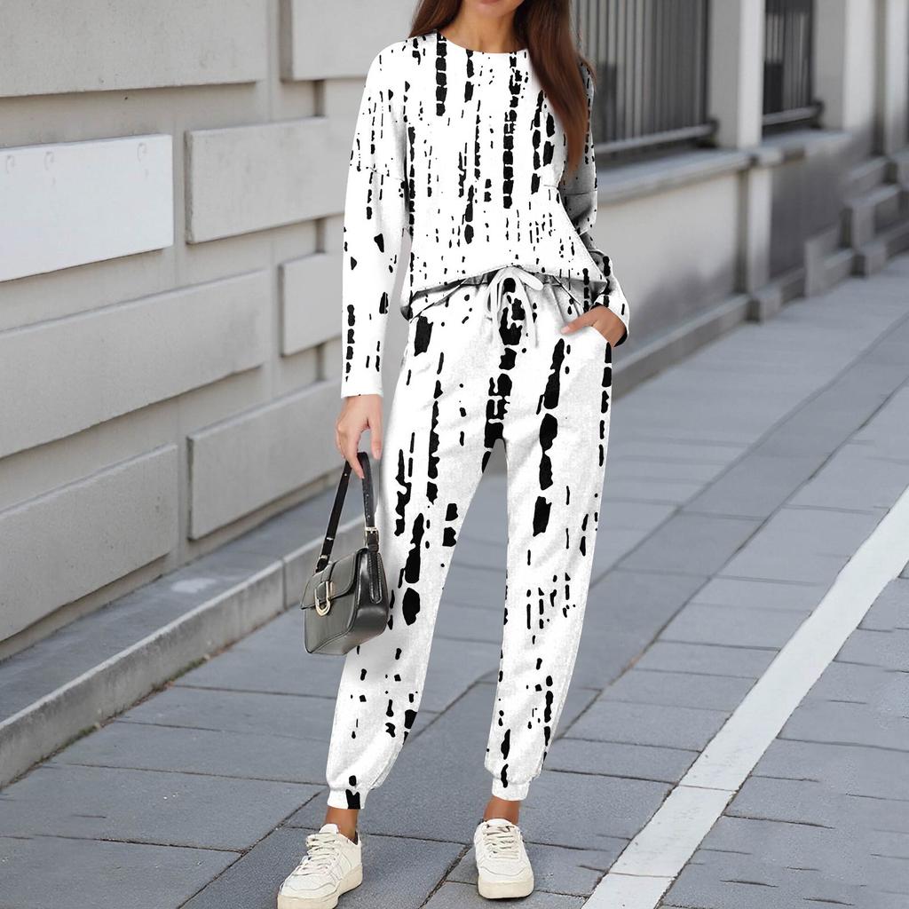 Sets For Women 2 Piece Round Neck Long Sleeve Shirts Printed Sweatpants Pocket Sets