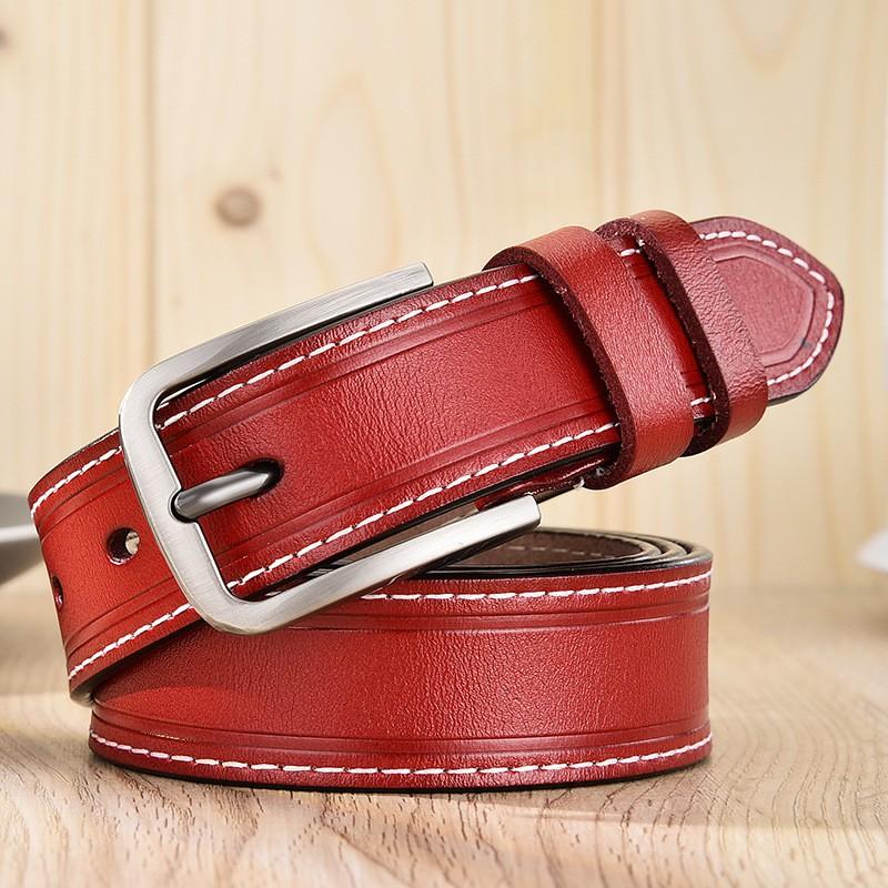 Womens Genuine Leather Belt With Stitched Edge Alloy Pin Buckle Slim Casual Waistband Pants 2.5cm Width