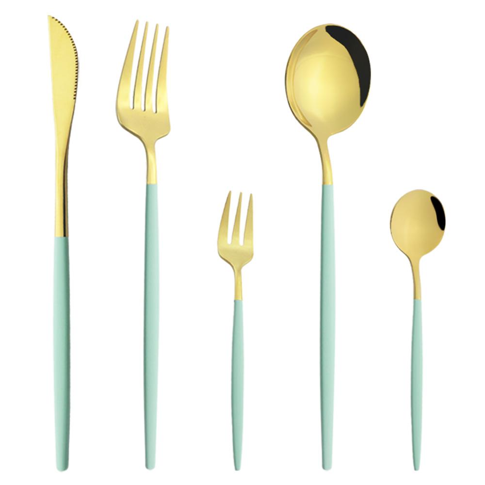 5Pcs White Gold Dinnerware Cutlery Set Knife Dessert Fork Coffee Spoon Tableware Stainless Steel Dinner Flatware Silverware Set