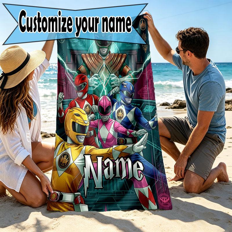 Custom Name Personalized Power Rangers Print Beach Towel, for Trip Camping Beach Party Home Decor, Birthday Gift for Family & Friends