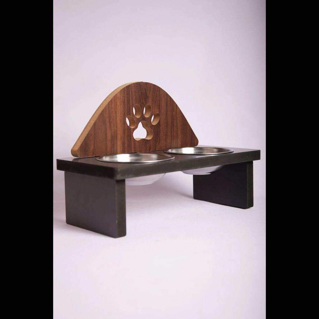 Mama Kabı Pati Desenli Ahşap Çelik Kaseli Kedi Köpek Mama Ve Su Kabı