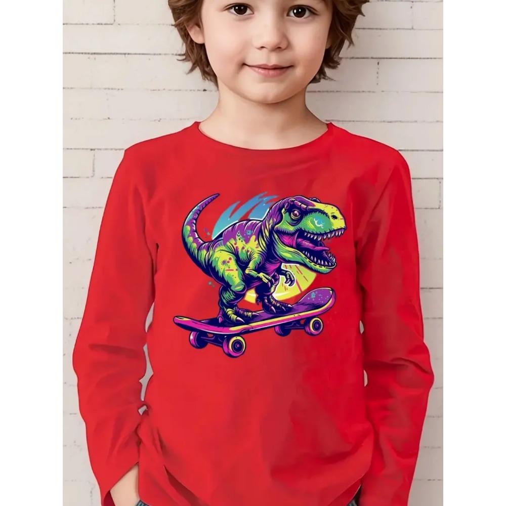 Spring and Autumn Round Neck Funny Cartoon Dinosaurs Pattern 3D Printed Top Fashionable Casual Long Sleeved Children's Boy T-shirts