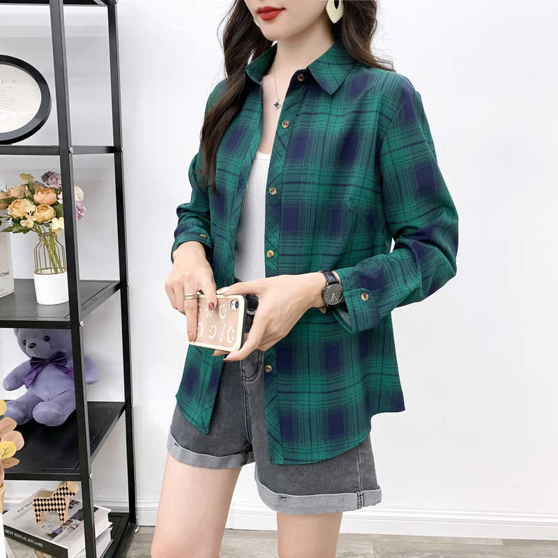 Women's Loose Standing Collar Plaid Shirt Casual Long Sleeve Shirt