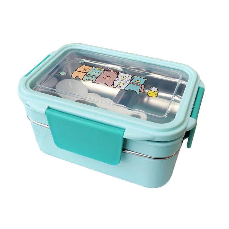 

Portable Stainless Steel Double Layer Food Container for Kids Cartoon Lunch Box for Kids Picnic School Bento Box синий