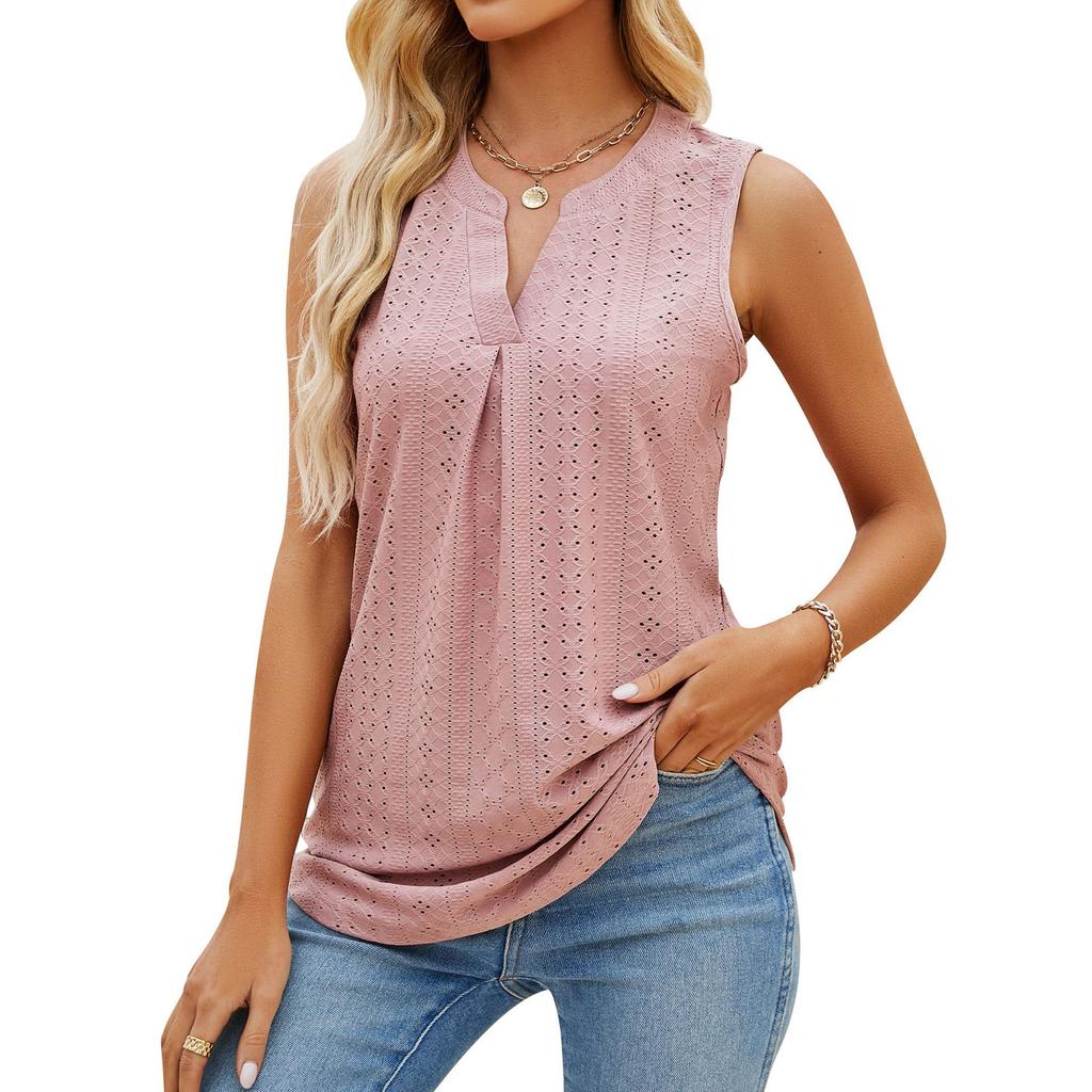 Casual Summer Hollow Out V-Neck Sleeveless Blouses for Women Fashion Elegant Loose Tank Tops for Women Solid Pullover Tunic