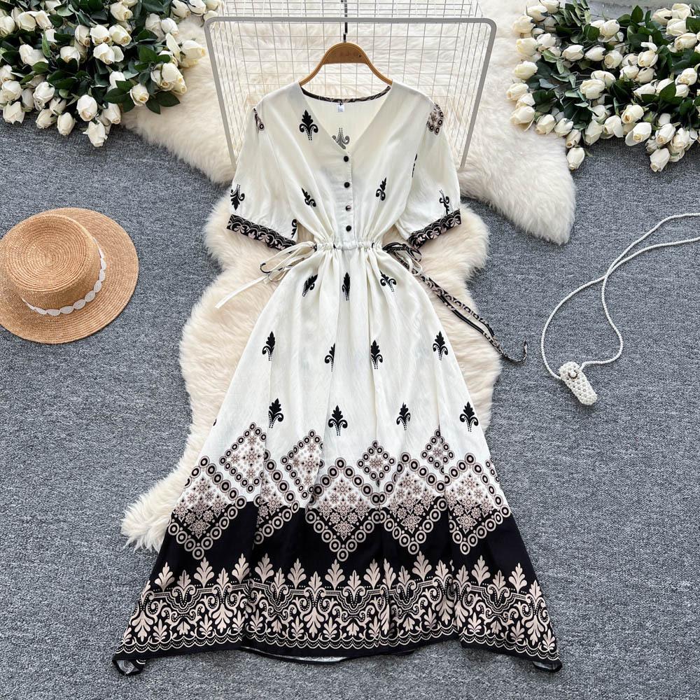 Bohemian vacation dress women's summer literary retro waist V-neck short-sleeved printed long dress