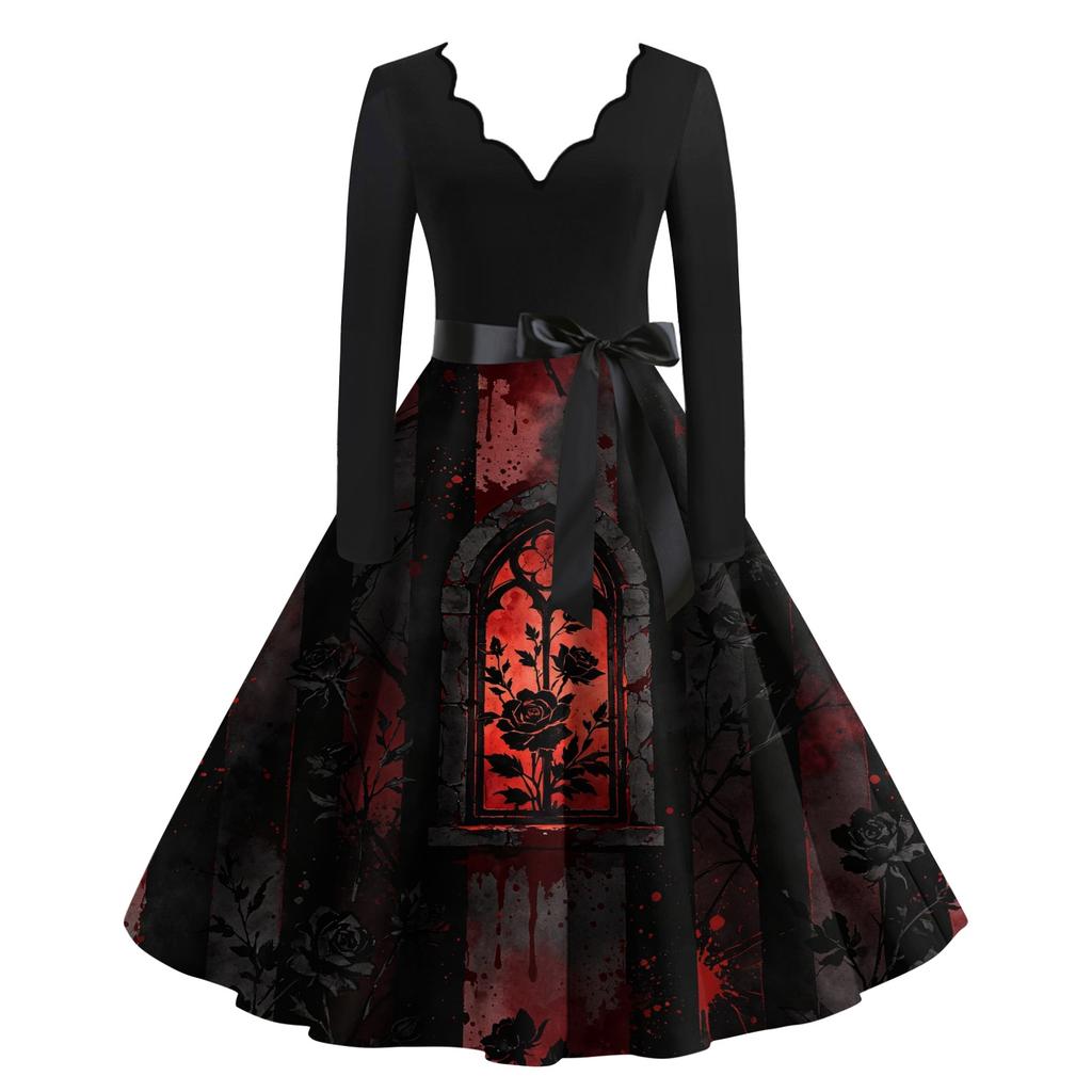 Women's Printed Maxi Dress for Halloween Theme Party, Costume Events and Night Out