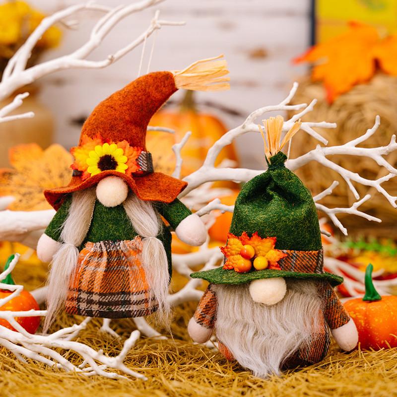 Thanksgiving Decor Harvest Season Gnome Hanging Ornament Featuring Colorful Checkered Leaves
