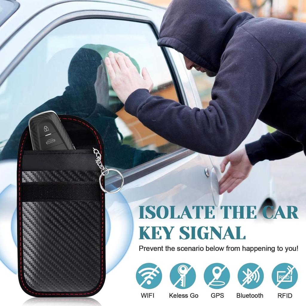 RFID Car Key Fob Protector Anti-Theft Faraday Pouch with Keychain Double-Layer Shielding Carbon Fiber Design