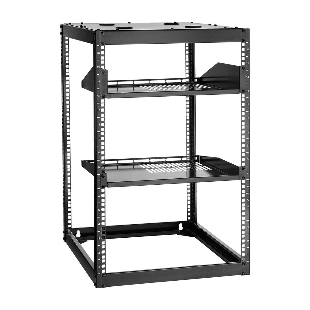 16U Open Frame Network Rack, 585 mm Depth, Wall Mounted or Floor Standing Server Rack, Heavy Duty 4 Post, with Vented Shelves & Mounting Hardware,