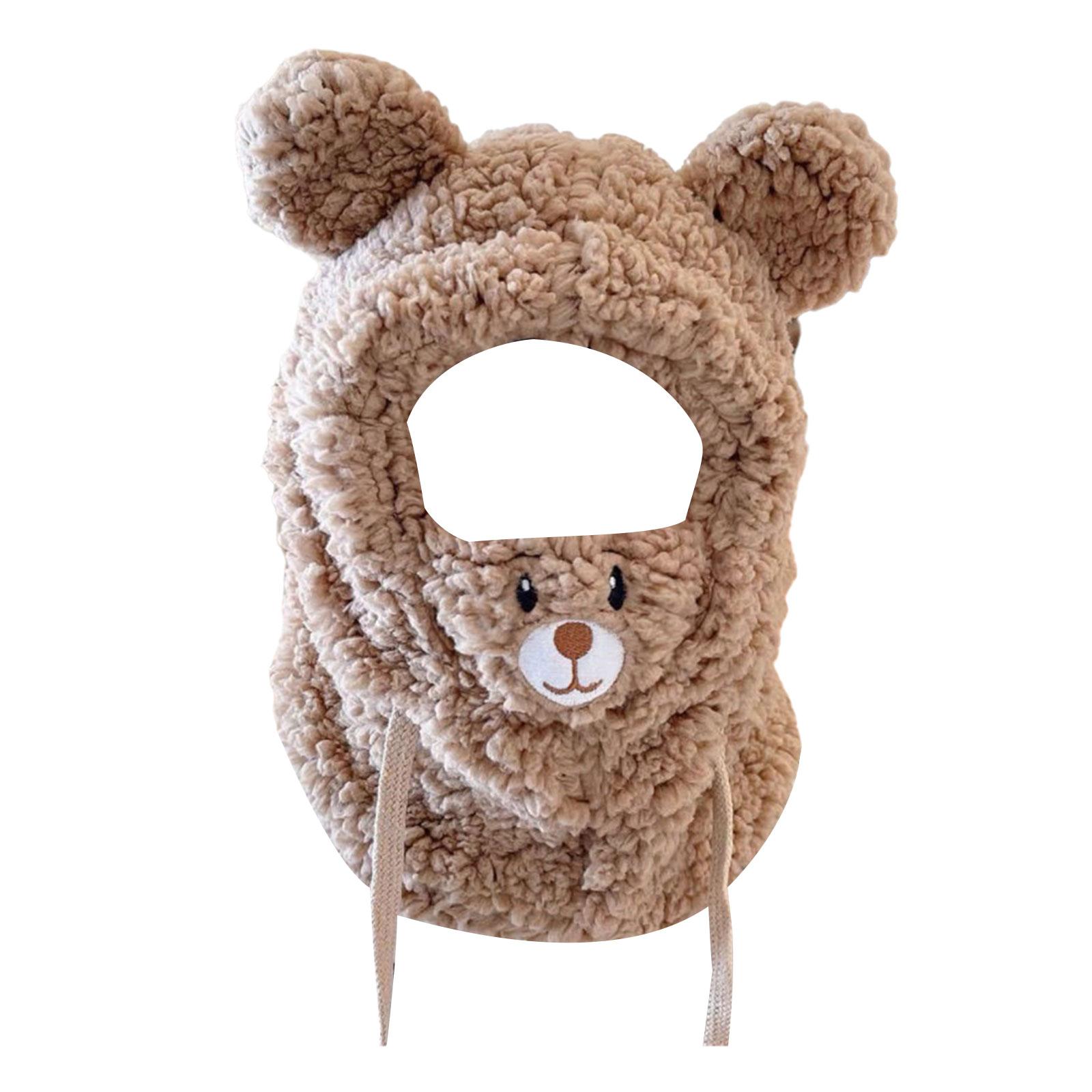 

Bear Pattern Plush Scarf Hat with Face Cover Kids Outdoor Windproof Neck Warmer Beanies Hat Thick Warm Masked Hood Caps
