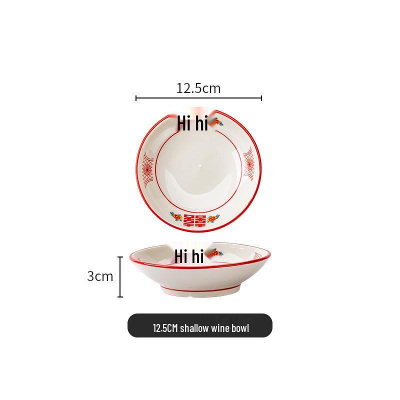 Retro Red Double Happiness Ceramic Hot Pot & Dessert Bowl Set