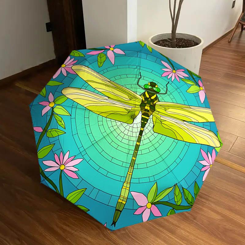 

Stained Dragonfly Design Automatic Opening Folding Umbrella with 8-Bone Iron Frame, Perfect for Outdoor Use, Festive Gifts, Travel, Daily Us