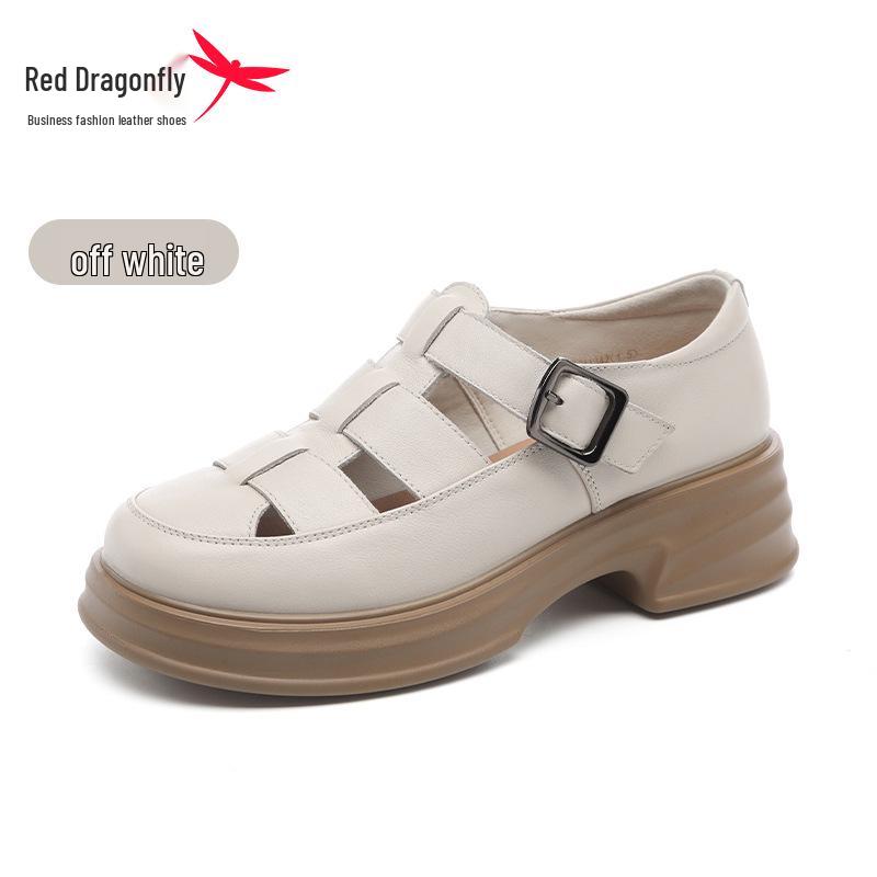 Red Dragonfly Women s Genuine Leather Sandals: Summer 2024 Roman Style with Perforated Thick Sole and Shoe Bag Cover. 35