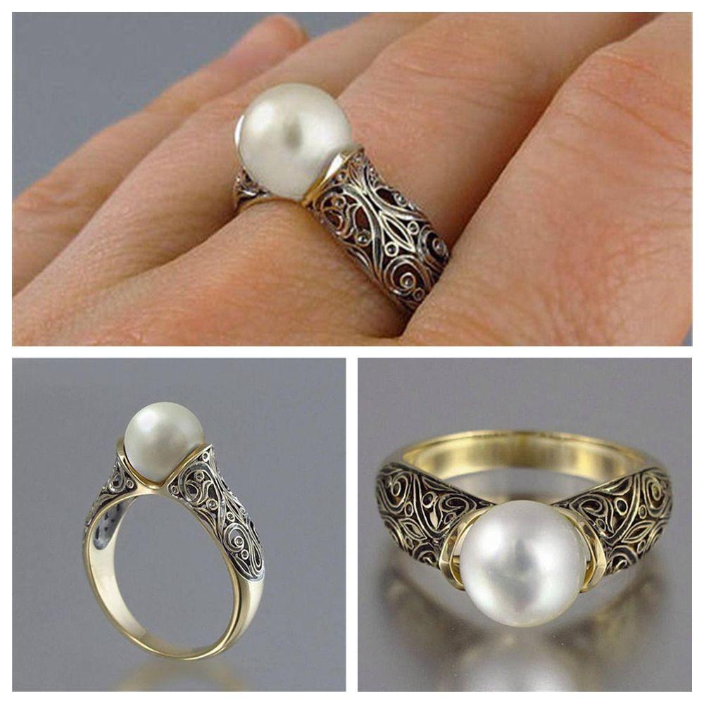 Charm Gift Vintage Wedding Jewelry 14K Yellow Gold Plated White Pearl Ring