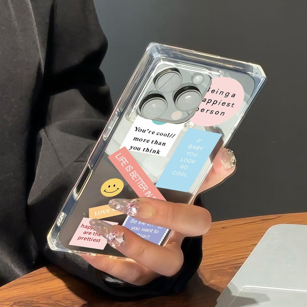 Clear Square Back Tube Case Protection For iPhone 15 Plus 12 16 ProMax 13 14 Pro Max 11 Anti-Oxygen,Smile Face in English Pattern Casing