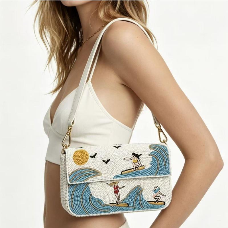 Borsa a tracolla da donna con ricamo a onde e perline per industria pesante, ragazza che fa surf con ornamento di perline, a spalla scoperta, a tracolla incrociata