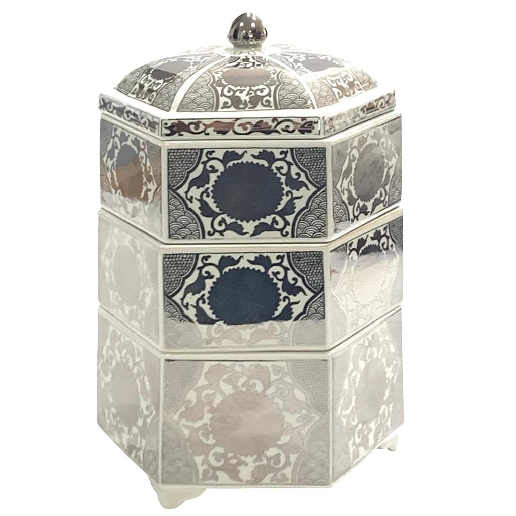 24to3 Three-Tiered Ceramic Jubako Box with Silver Chrysanthemum Design, Hexagonal, Silver